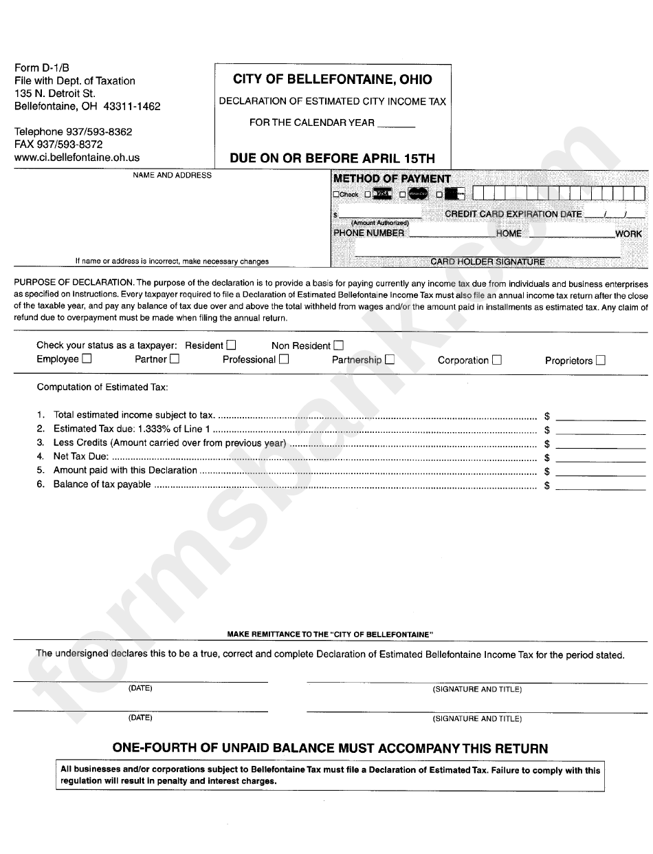 Form D-1/b - Declaration Of Estimated City Income Tax
