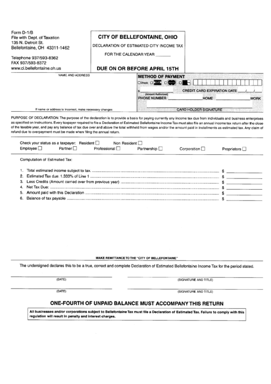 Form D-1/b - Declaration Of Estimated City Income Tax Printable pdf