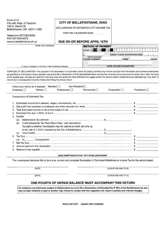 Form D-1/i - Declaration Of Estimated City Income Tax Printable pdf