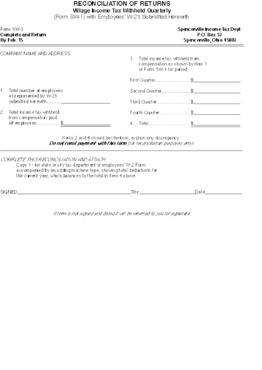 Form Sw-3 - Reconciliation Of Returns - Village Income Tax Withheld Quarterly Printable pdf