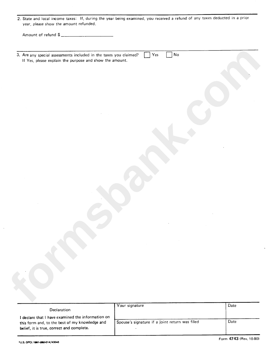 Form 4743 - Questionnaire - Taxes October 1990