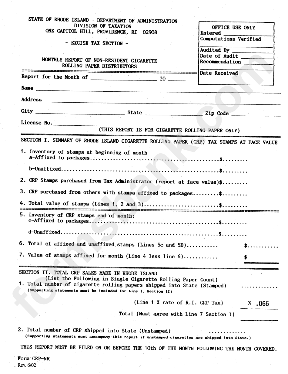 Form Crp-Nr - Monthly Report Of Non-Resident Cigarette Rolling Paper Distributors - Certification June 2002
