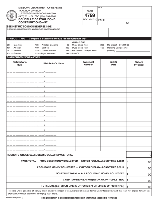 Fillable Form 4759 - Schedule Of Pool Bond Contributions - 5t Printable pdf