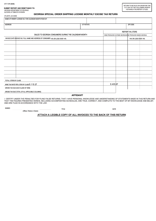 Fillable Form Att-7 Sp - Georgia Special Order Shipping License Monthly Excise Tax Return Printable pdf