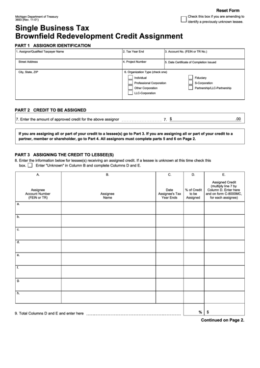 Fillable Form 3693 - Single Business Tax Brownfield Redevelopment Credit Assignment Printable pdf