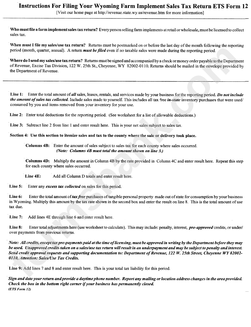 Instructions For Filing Your Wyoming Farm Implement Sales Tax Return Ets Form 12