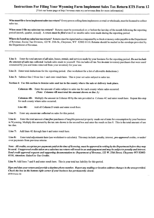 Instructions For Filing Your Wyoming Farm Implement Sales Tax Return Ets Form 12 Printable pdf