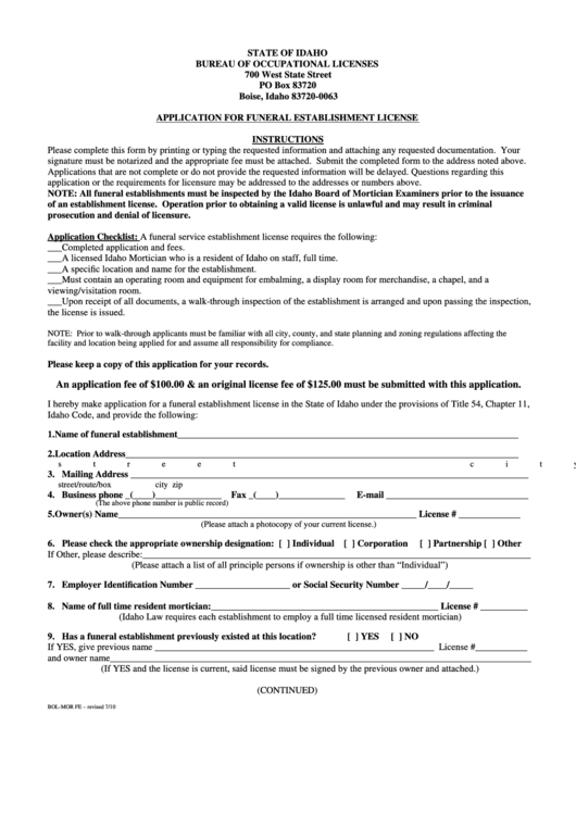 Fillable Form Bol-Mor Fe - Application For Funeral Establishment License - State Of Idaho - 2010 Printable pdf