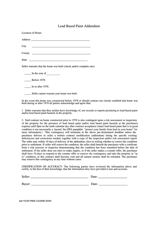 Lead Based Paint Addendum Form - Nc Real Estate Commission Printable pdf