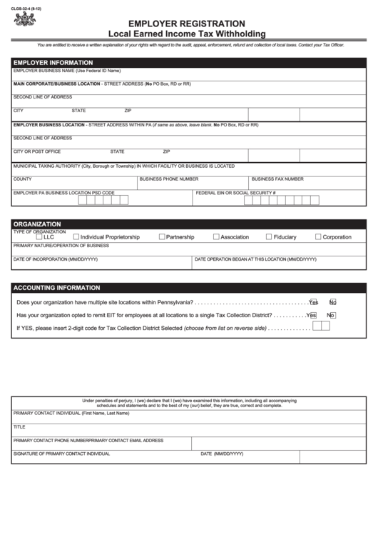Fillable Form Clgs-32-4 - Employer Registration -Local Earned Income Tax Withholding Printable pdf