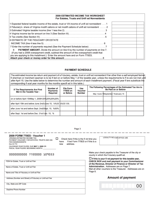 Form 770es - 2009 Estimated Income Tax Worksheet Printable pdf