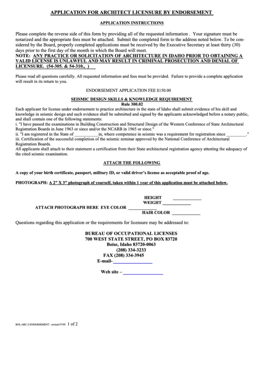 Fillable Form Bol-Arc-2-Endorsement - Application For Architect Licensure By Endorsement Printable pdf