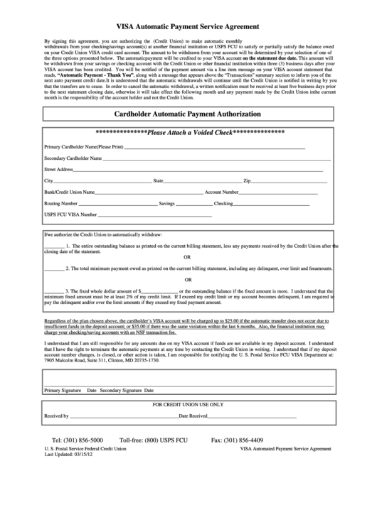 Visa Automatic Payment Service Agreement Form - U.s. Postal Service Federal Credit Union Printable pdf