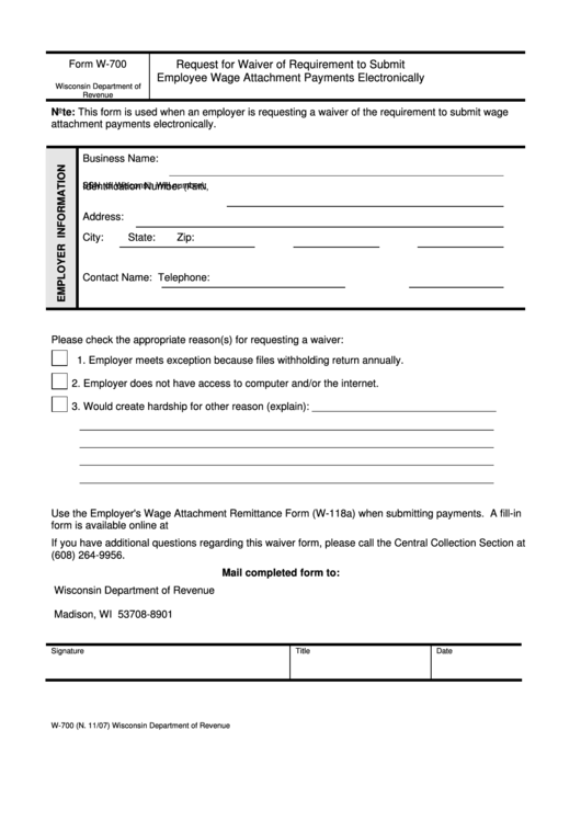 Form W-700 - Request For Waiver Of Requirement To Submit Employee Wage Attachment Payments Electronically Printable pdf
