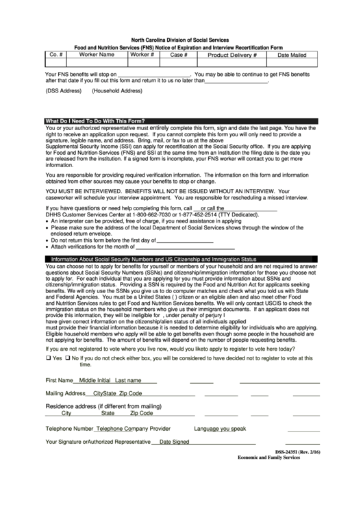 Form Dss-2435i - Fns Notice Of Expiration And Interview Recertification Form