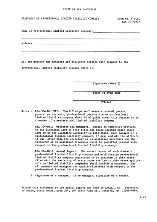 Statement Of Profeccional Limited Liabbility Company - State Of Hampshire Printable pdf
