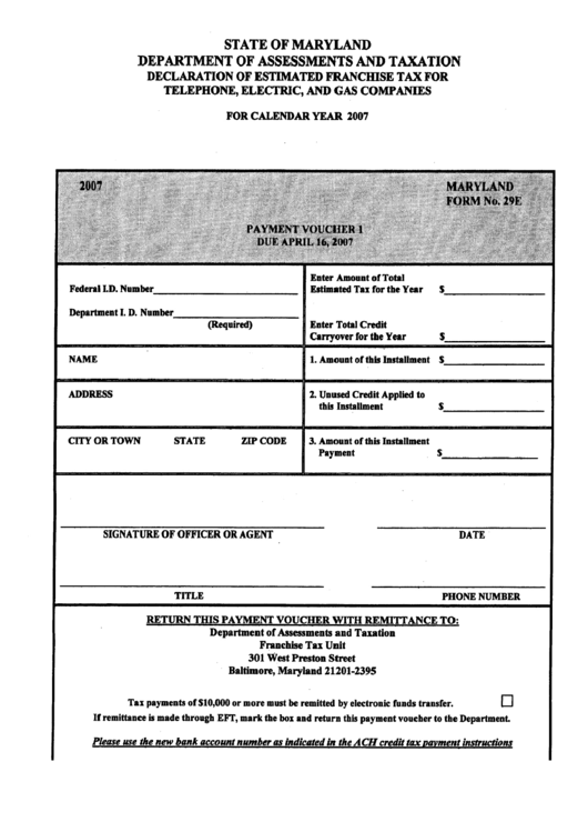 Form 29e - Declaration Of Estimated Franchise Tax For Telephone, Electric, And Gas Companies - 2007 Printable pdf