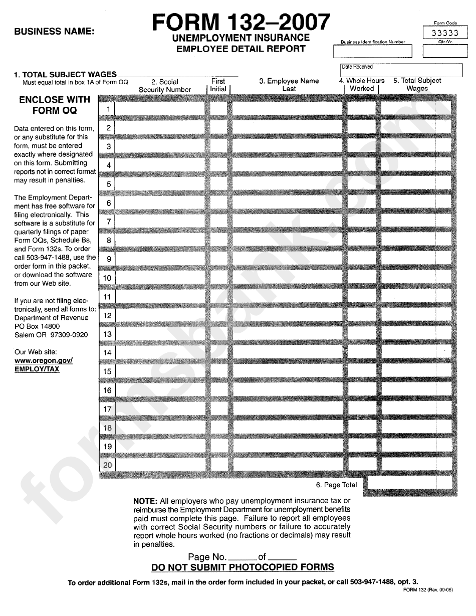 Form Oq - Oregon Quarterly Tax Report - 2007