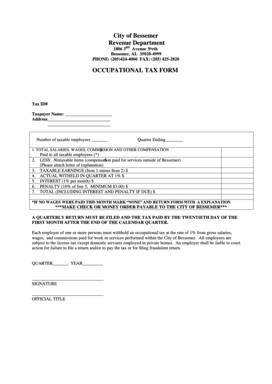 Occupational Tax Form - Revenue Department - Bessemer - Alaska Printable pdf