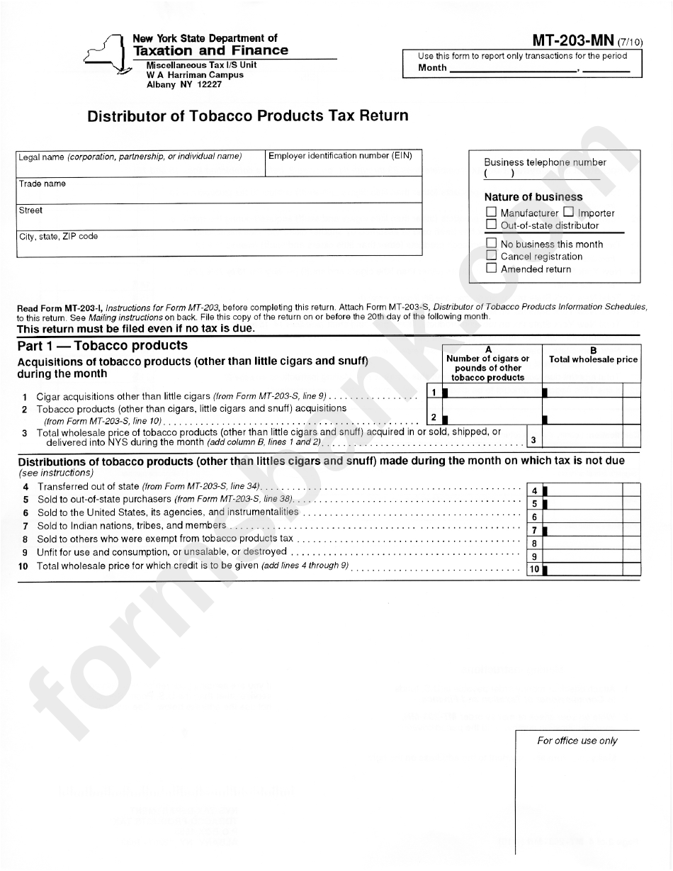 Form Mt-203-Mn - Distributor Of Tobacco Products Tax Return - 2010