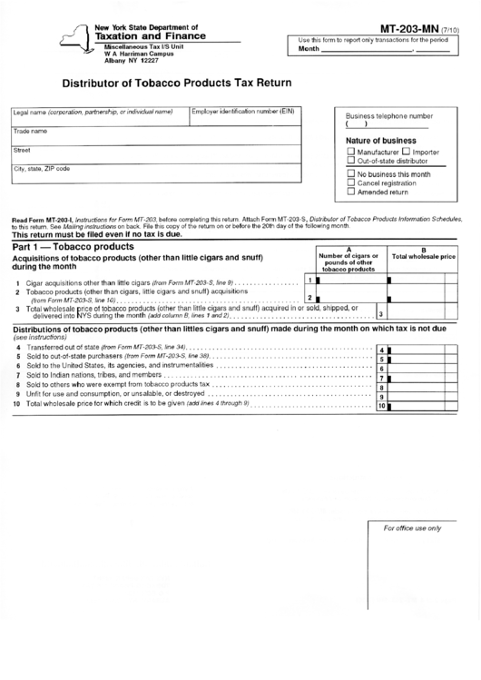 Form Mt-203-Mn - Distributor Of Tobacco Products Tax Return - 2010 Printable pdf