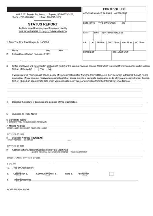 Form K-Cns 011 - Status Report - Kansas Department Of Labor Printable pdf