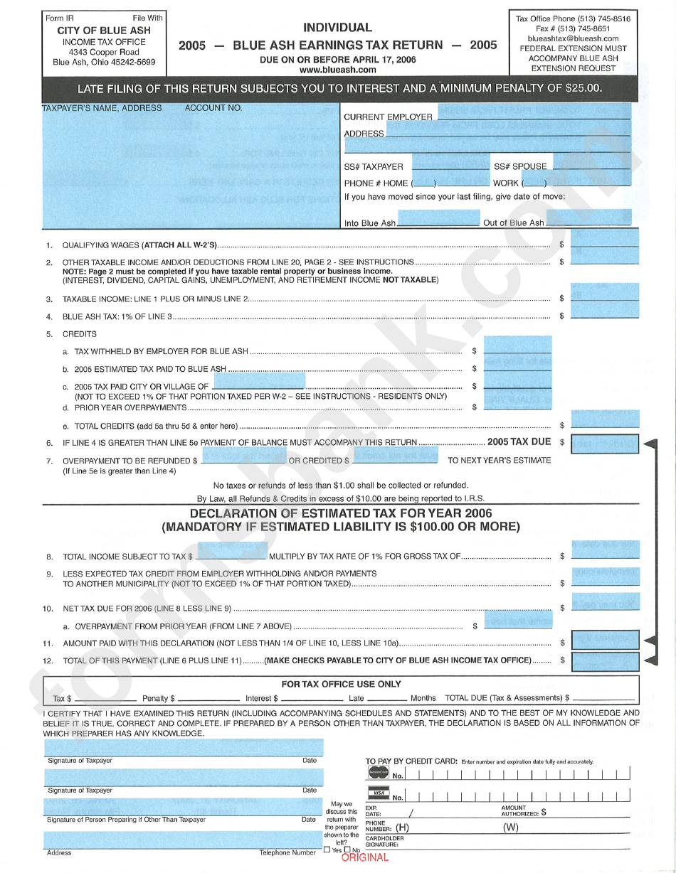 Form Ir - Blue Ash Earnings Tax Return - Individual - 2005