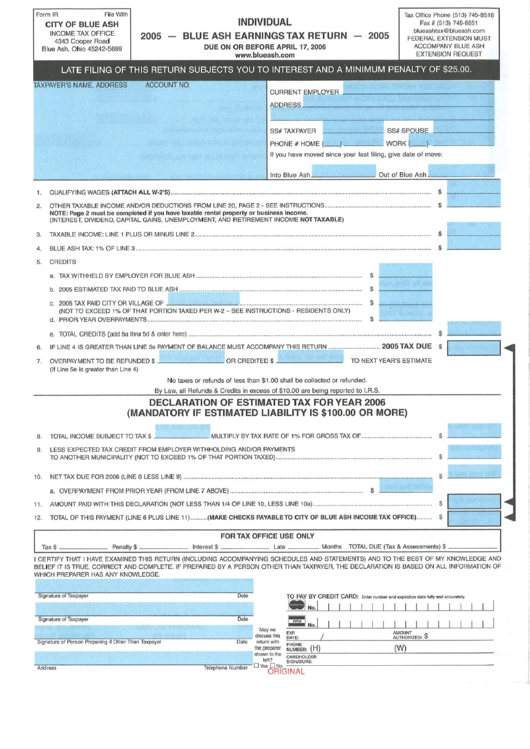 Form Ir - Blue Ash Earnings Tax Return - Individual - 2005 Printable pdf