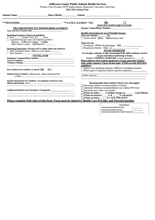 Primary Care Provider (Pcp) Authorization Form: Respiratory Disorders - Jefferson County Public Schools Health Services Printable pdf