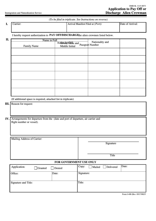 Fillable Form I-408 - Application To Pay Off Or Discharge Alien Crewman - U.s. Department Of Justice Printable pdf