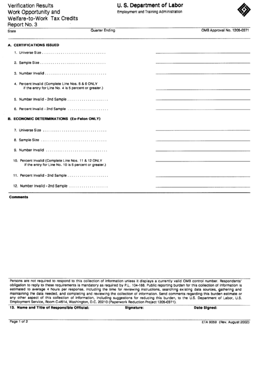 Form Eta 9059 - Verification Results Work Opportunity And Welfare-To-Work Tax Credits - Report No. 3 - U.s.department Of Labor Printable pdf
