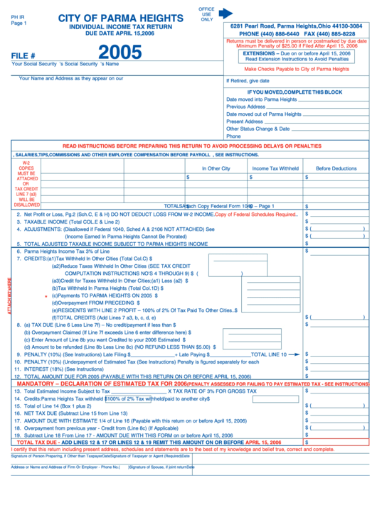 Individual Income Tax Return Form - City Of Parma Heights - 2005 Printable pdf