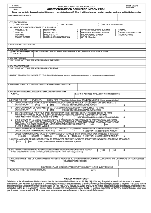Fillable Form Eta 9059 - Questionnaire On Commerce Information - National Labor Relations Board Printable pdf