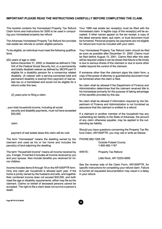 Instructions For Completion Of Refund Claim Form Ar1000ptr September 2000 Printable pdf