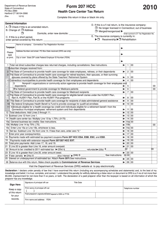 Form 207 Hcc - Health Care Center Tax Return - 2010 Printable pdf