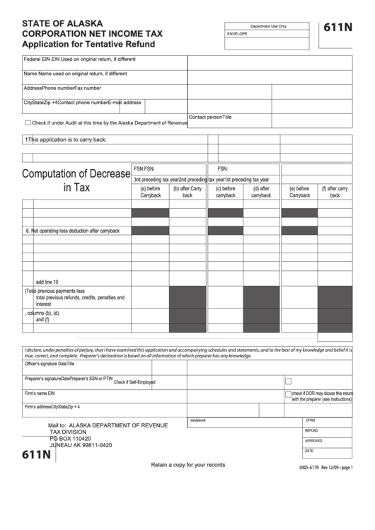 Form 611n - Application For Tentative Refund - 2009 Printable pdf