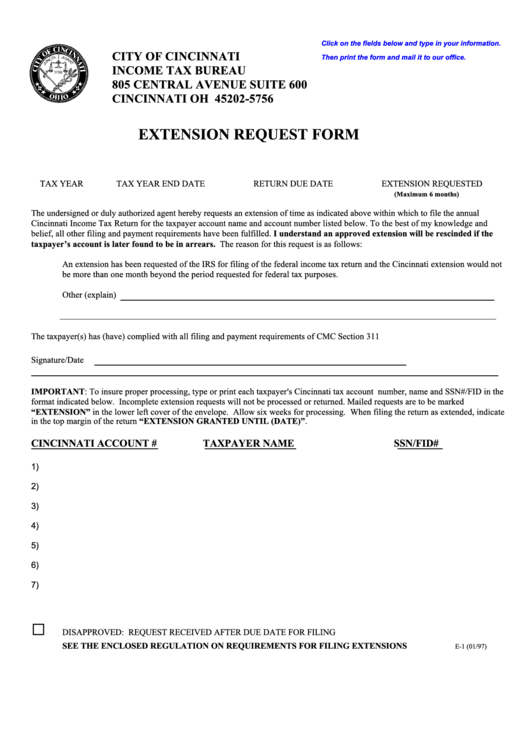 Fillable Form E-1 - Extension Request Form Printable pdf