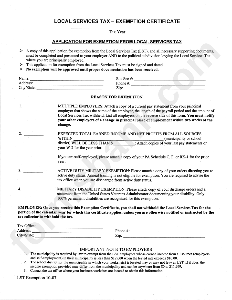 Application For Exemption From Local Services Tax