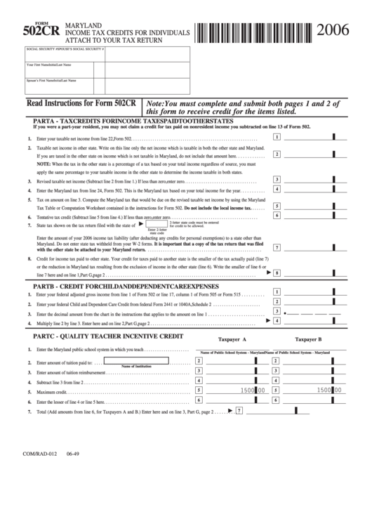 Fillable Form 502cr - Maryland Income Tax Credits For Individuals - 2006 Printable pdf