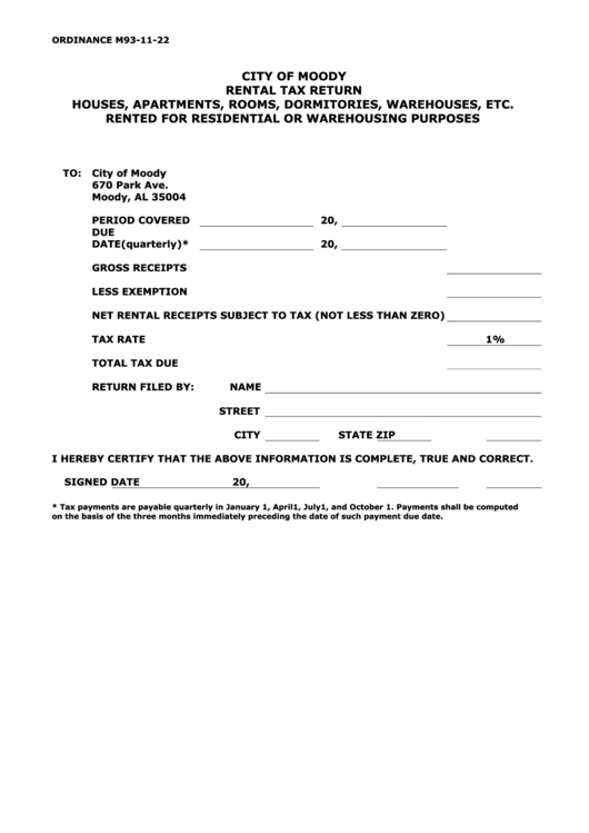 City Of Moody Rental Tax Return Form Printable pdf