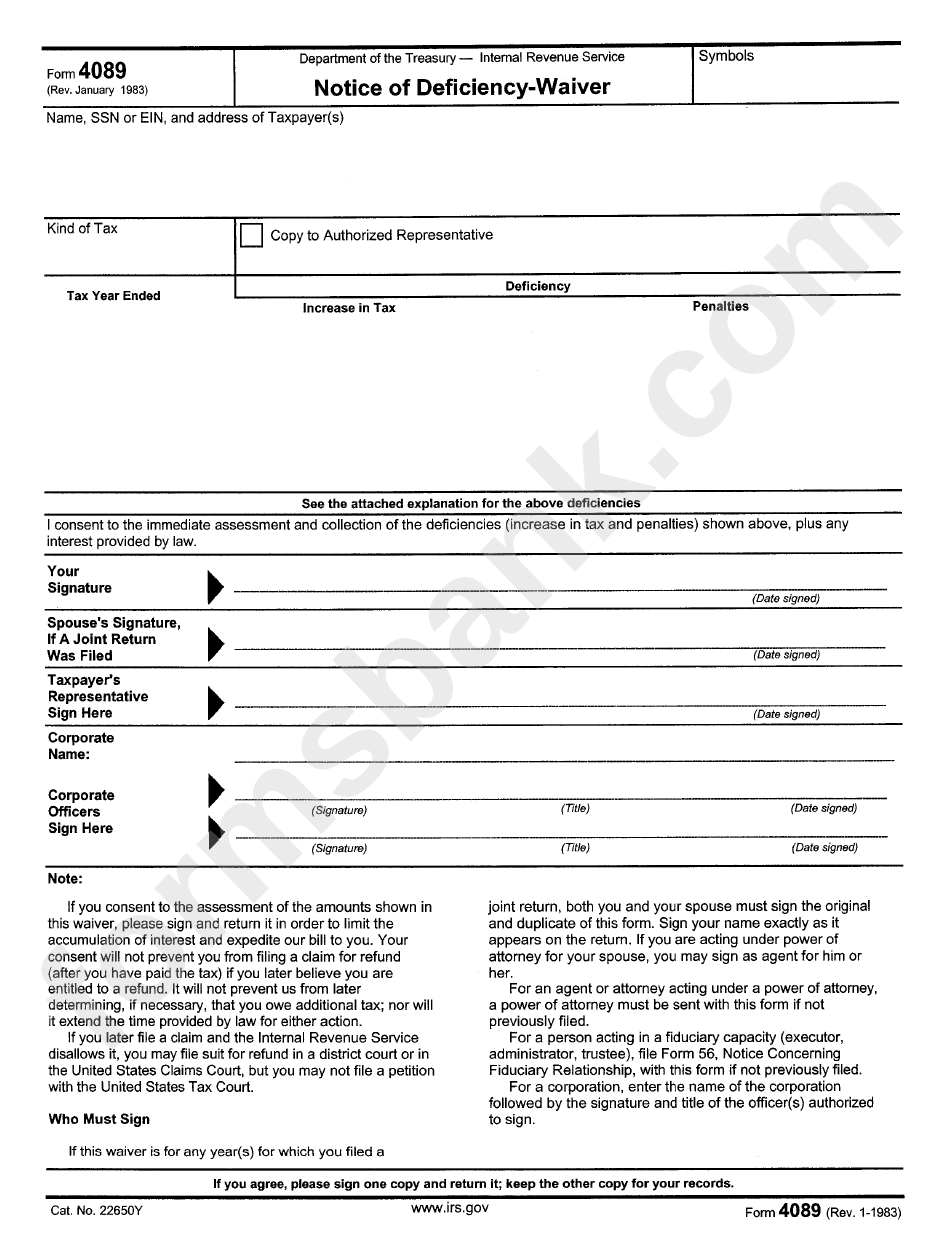 Form 4089 - Notice Of Deficiency-Waiver