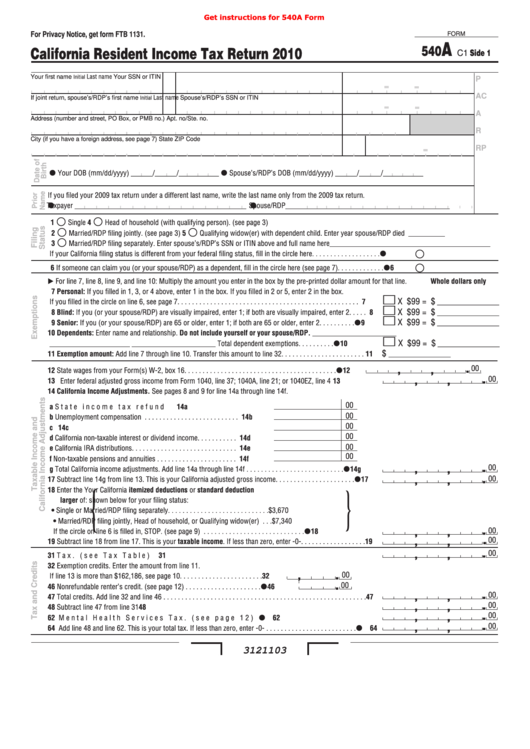 Fillable Form 540a - California Resident Income Tax Return - 2010 Printable pdf