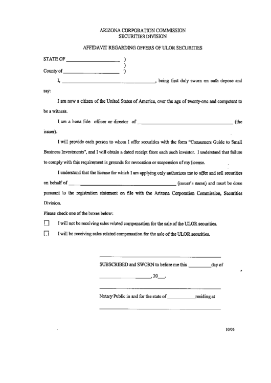 Affidavit Regarding Offers Of Ulor Securities - 2006 Printable pdf