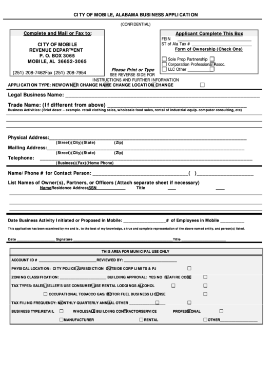 City Of Mobile, Alabama Business Application Form Printable pdf
