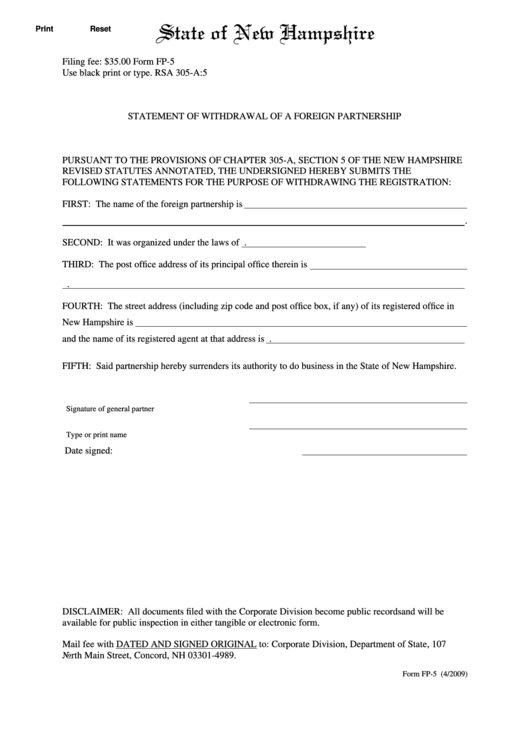 Fillable Form Fp-5 - Statement Of Withdrawal Of A Foreign Partnership - 2009 Printable pdf