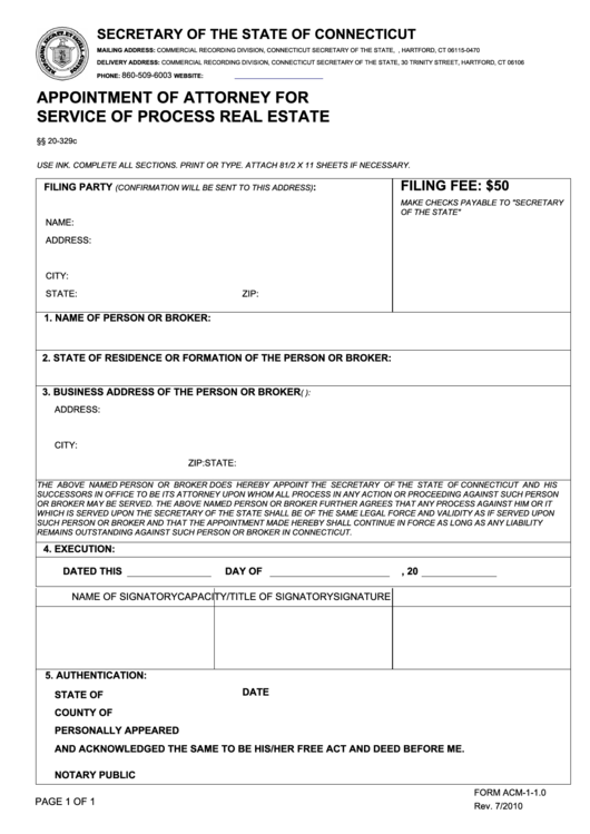 Fillable Form Acm-1-1.0 - Appointment Of Attorney For Service Of Process Real Estate - 2010 Printable pdf