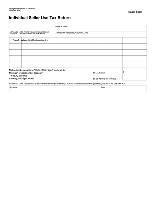 Fillable Form 388 - Individual Seller Use Tax Return Printable pdf