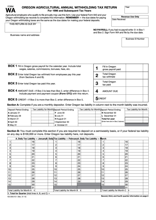 Form Wa - Oregon Agricultural Annual Withholding Tax Return Printable pdf