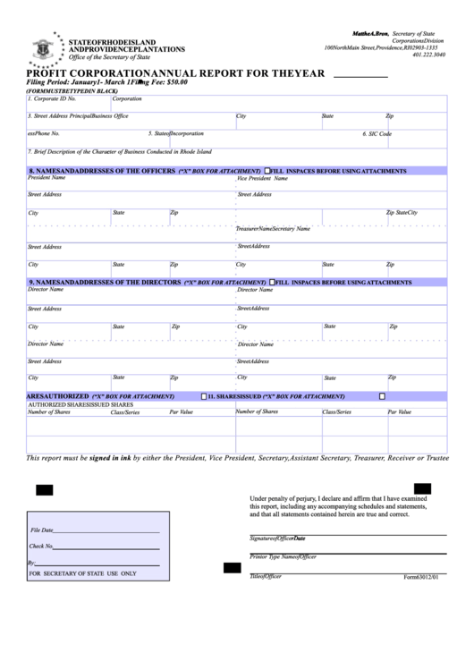 Form 630 12/01 - Profit Corporation Annual Report For The Year Printable pdf