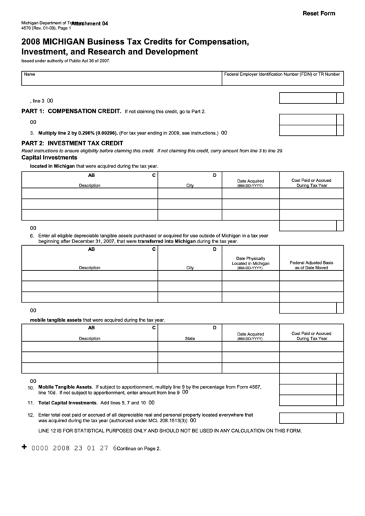 Fillable Form 4570 - 2008 Michigan Business Tax Credits For Compensation, Investment, And Research And Development - Michigan Department Of Treasury Printable pdf
